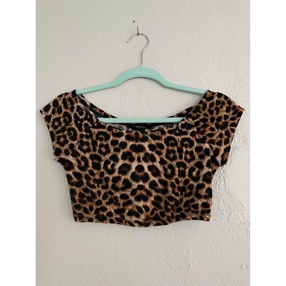 Forever 21 women’s crop top small Leopard Print cheetah brown black shirt blouse - Picture 1 of 3